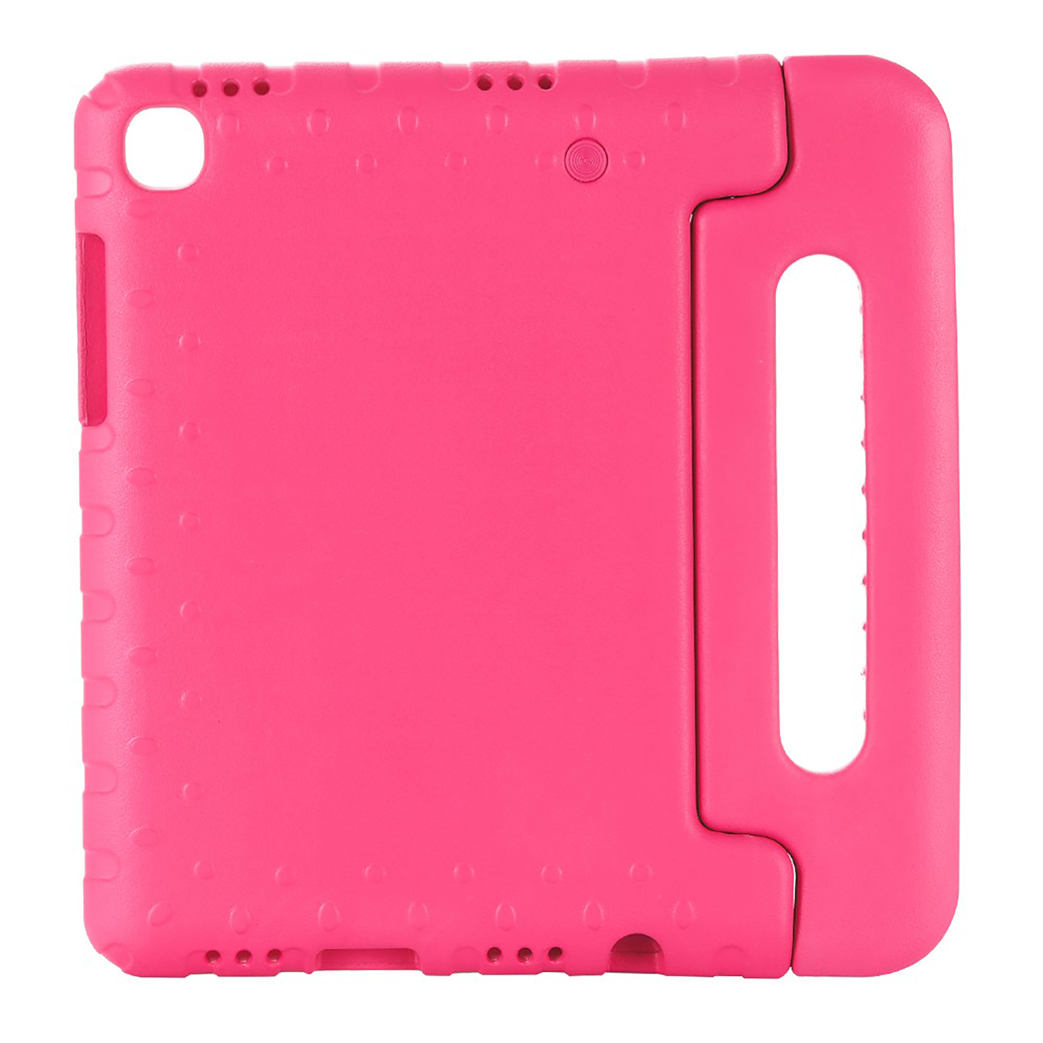 Pink tablet case with handle and cutouts, on white.