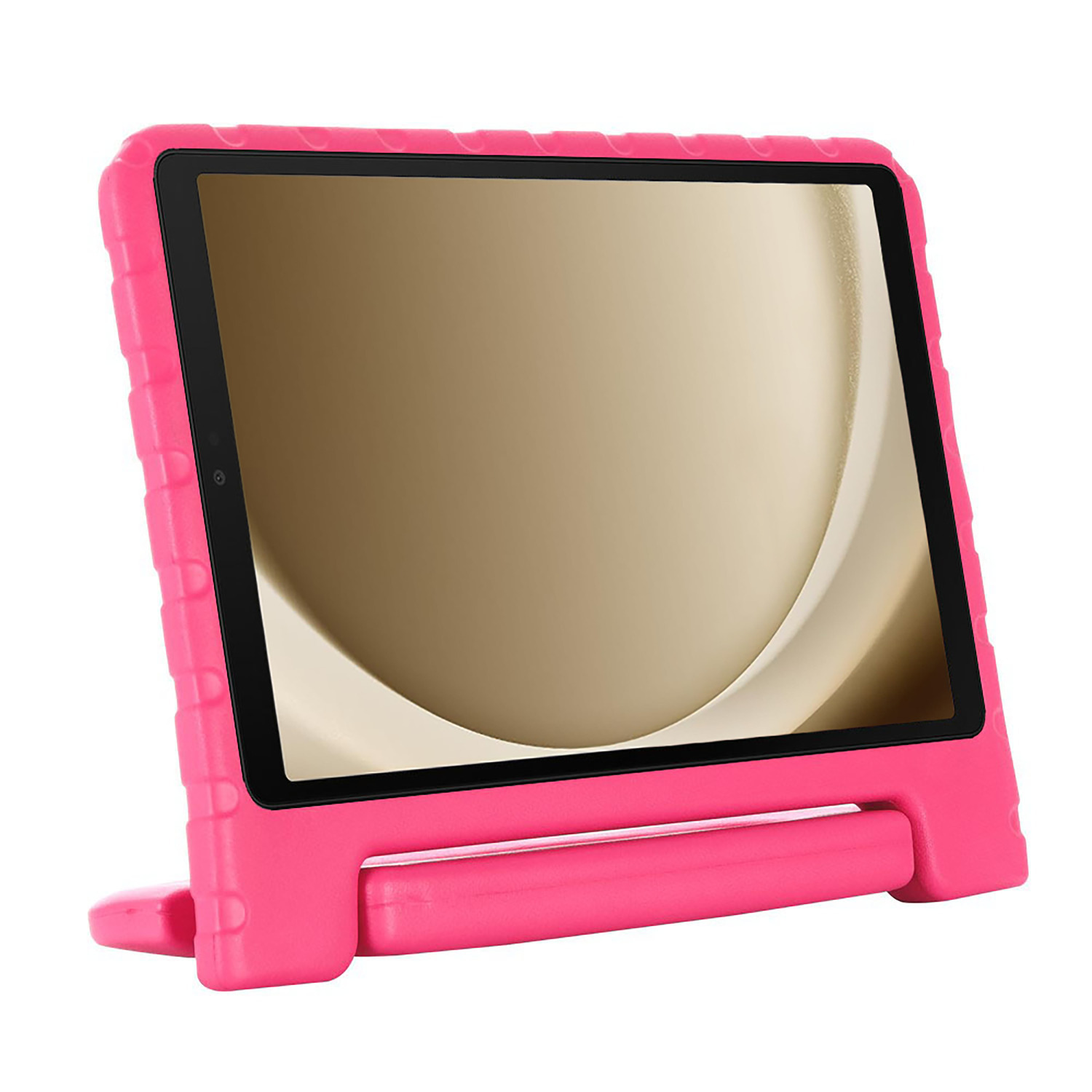 A pink tablet in a pink protective case is shown, with a screen displaying a background.