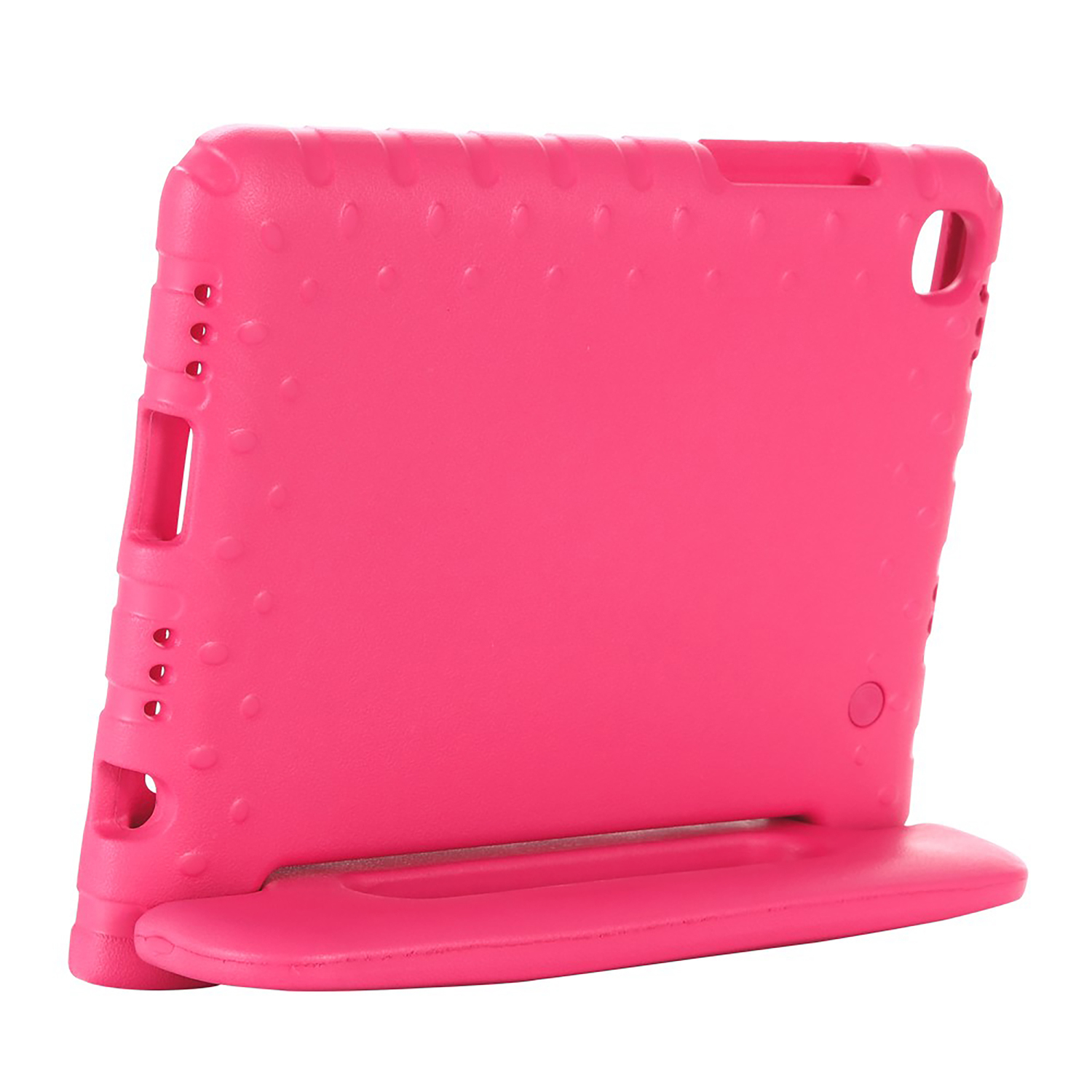 Pink tablet case with a stand. The case is textured. The case is pink.