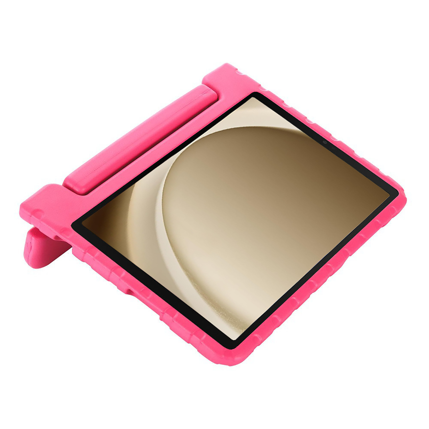 Pink tablet case, tablet inside. The case is thick and has a handle. White background.