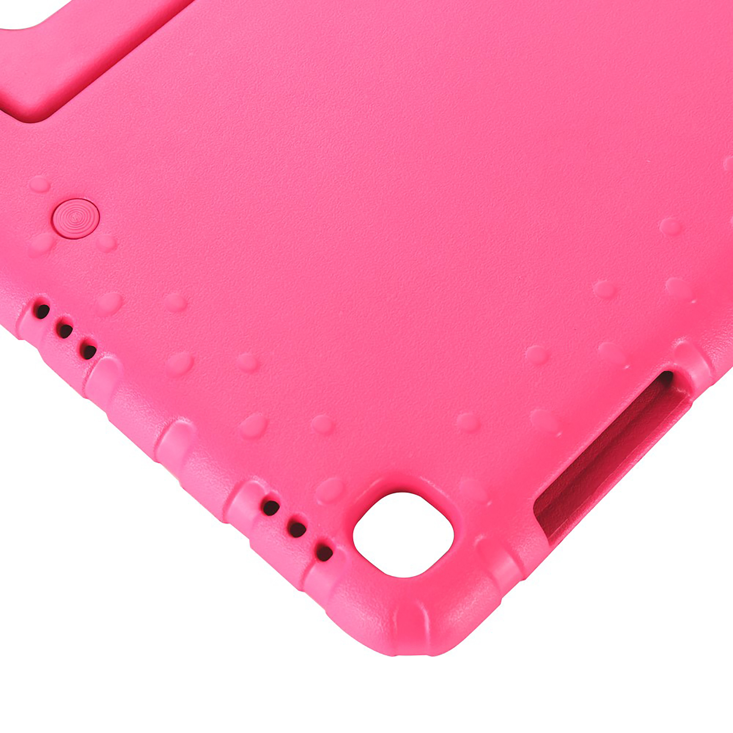 Pink tablet case corner, with a curved edge and holes for buttons and a port. It is made of plastic.