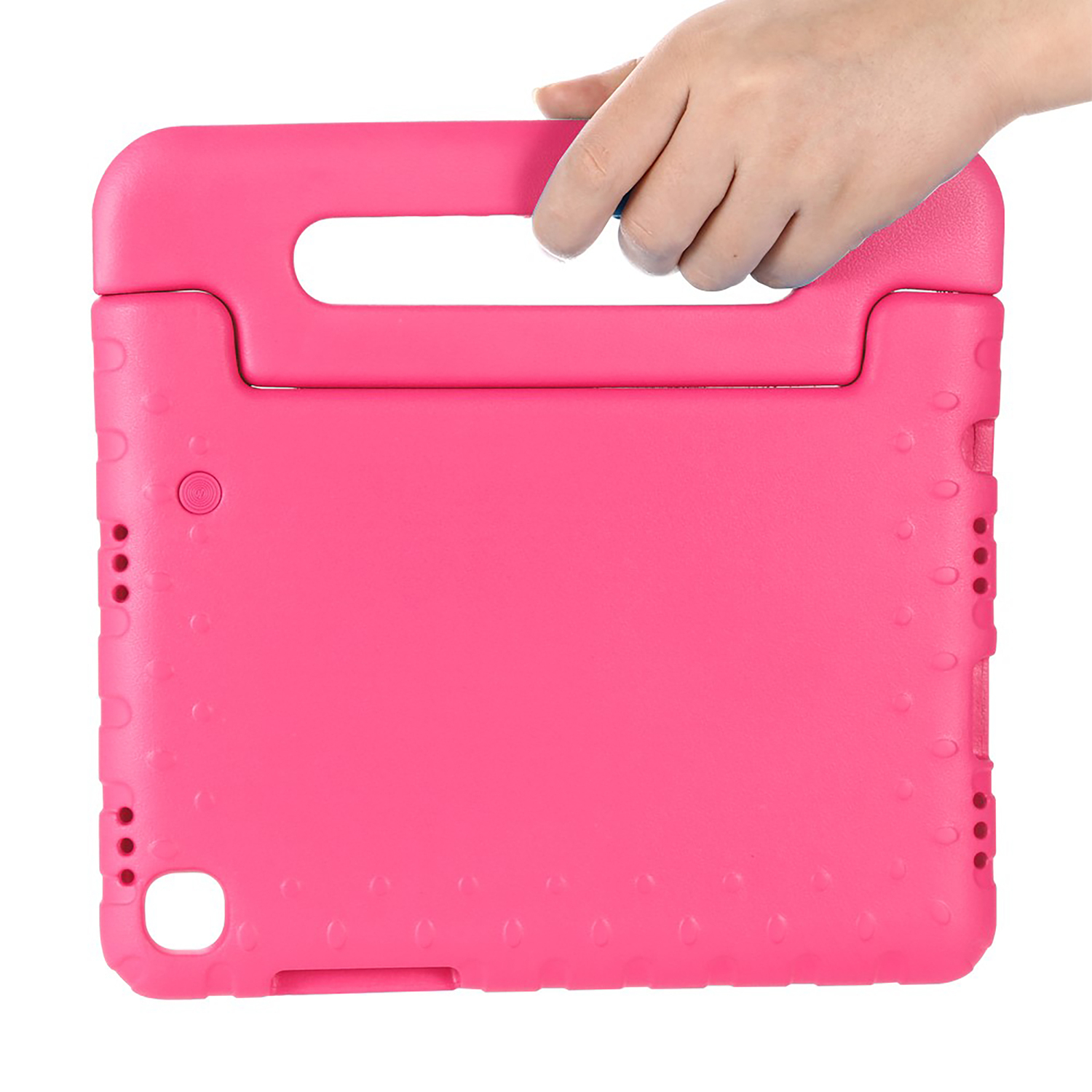 Pink tablet case held by a hand. The case has a handle and holes. Solid pink color.