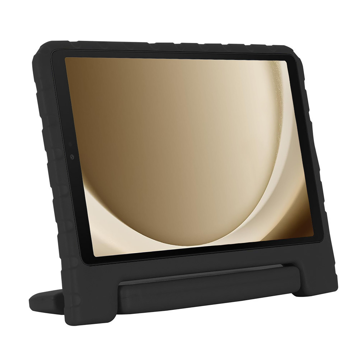 Een zwarte tablet in een beschermhoes, rechtopstaand, met een gouden, gebogen scherm.