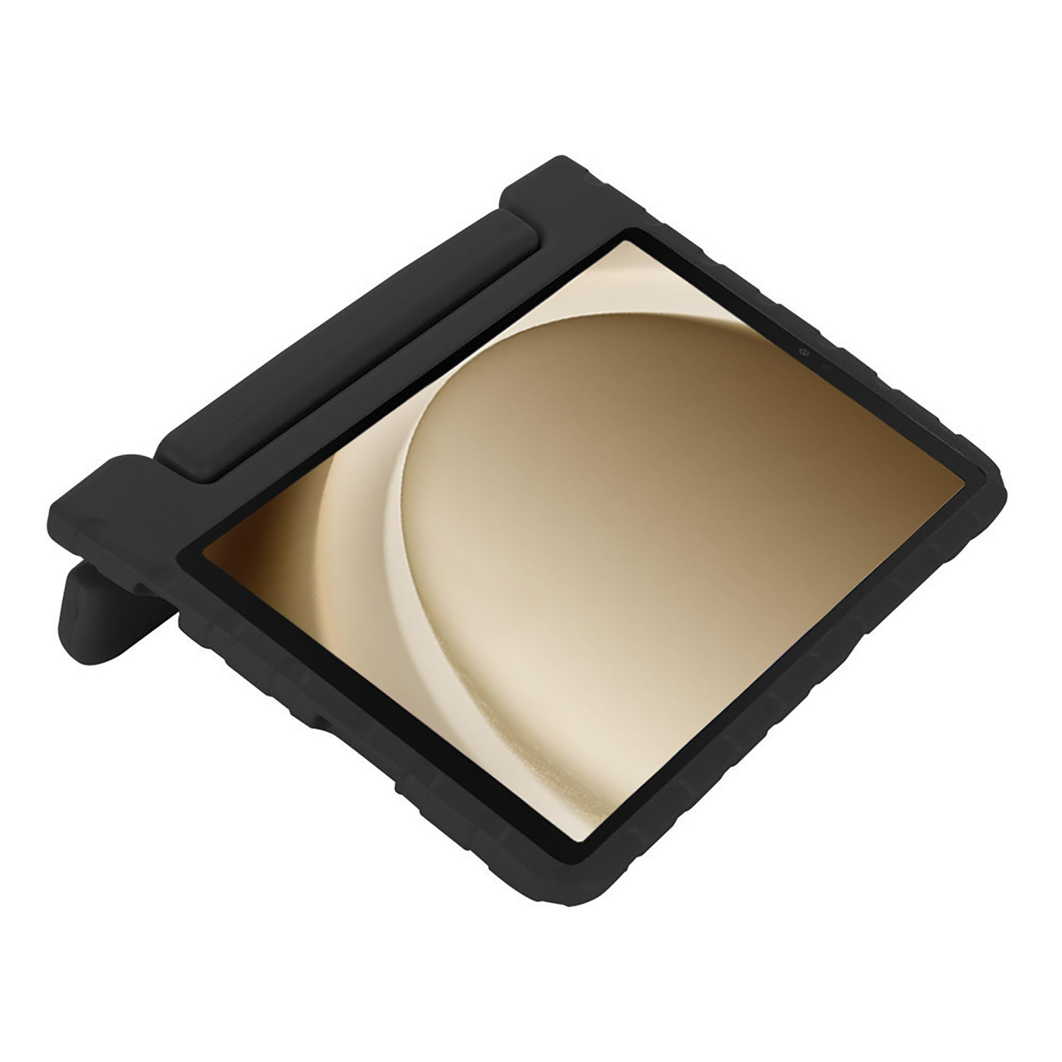 Een zwarte tablet met een beschermhoes, schuine weergave, geïsoleerd op een witte achtergrond.
