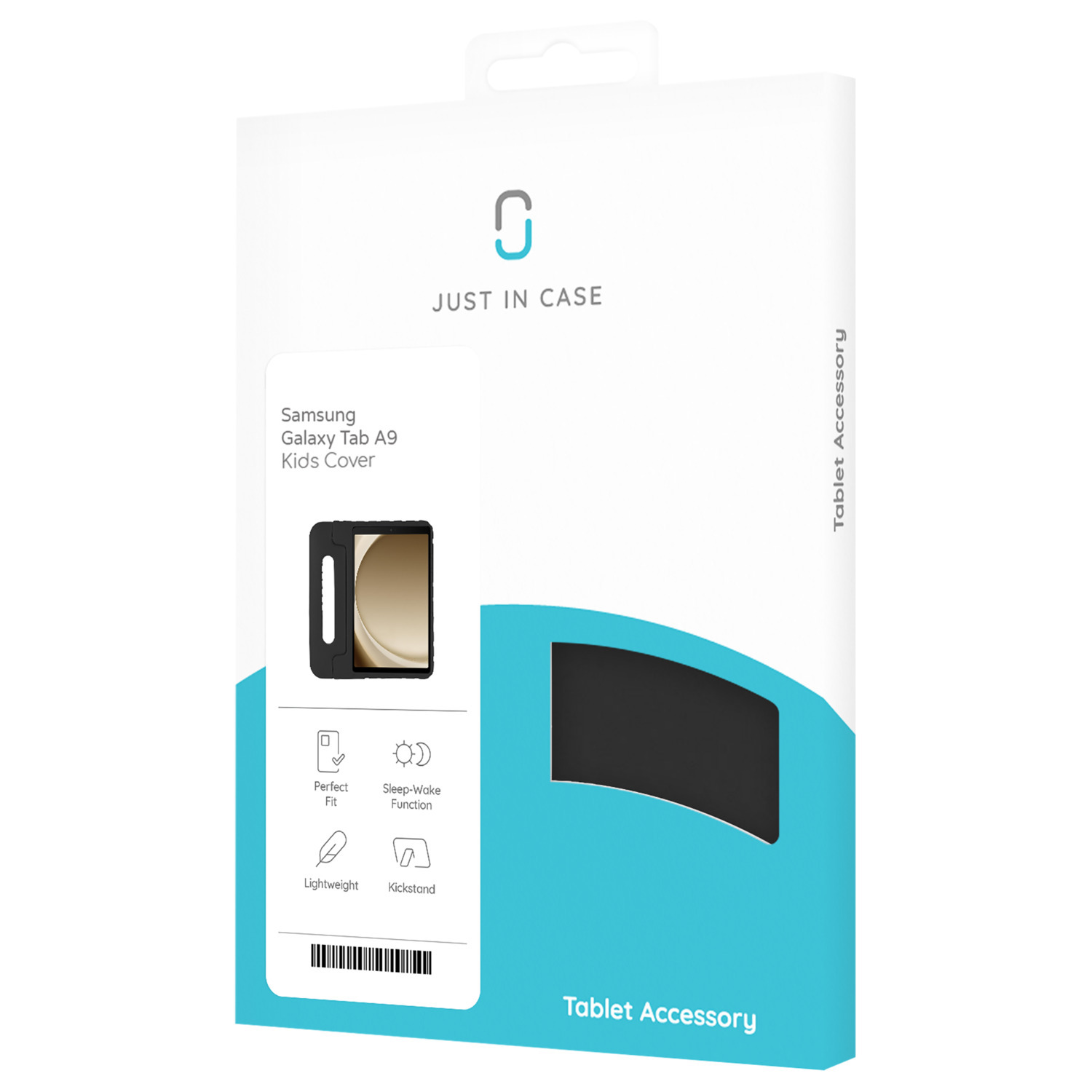 Een verpakking voor een tablethoes. Het is zwart met een uitsparing om de tablet binnenin te laten zien.
