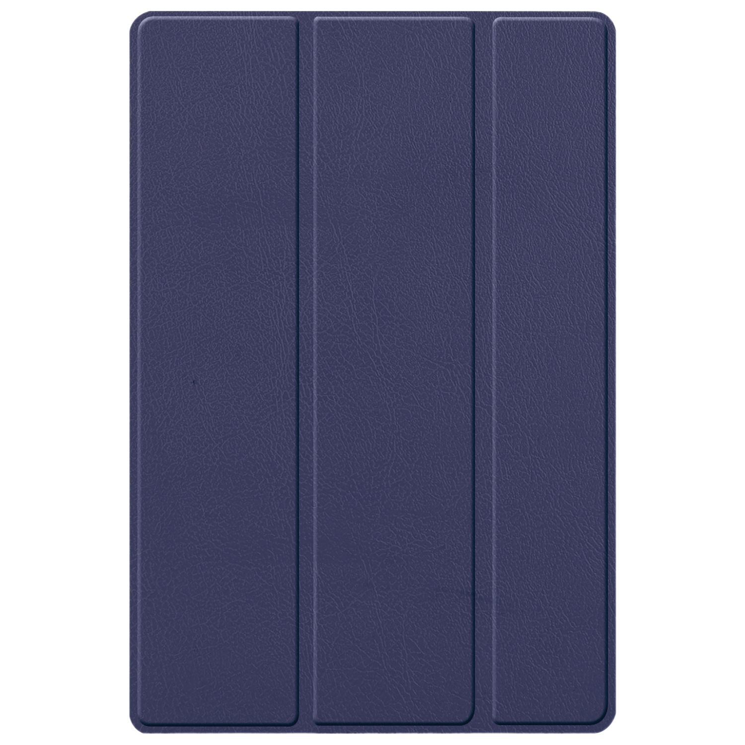 Étui de tablette bleu fermé. Il est fait d'un matériau texturé avec trois panneaux verticaux.