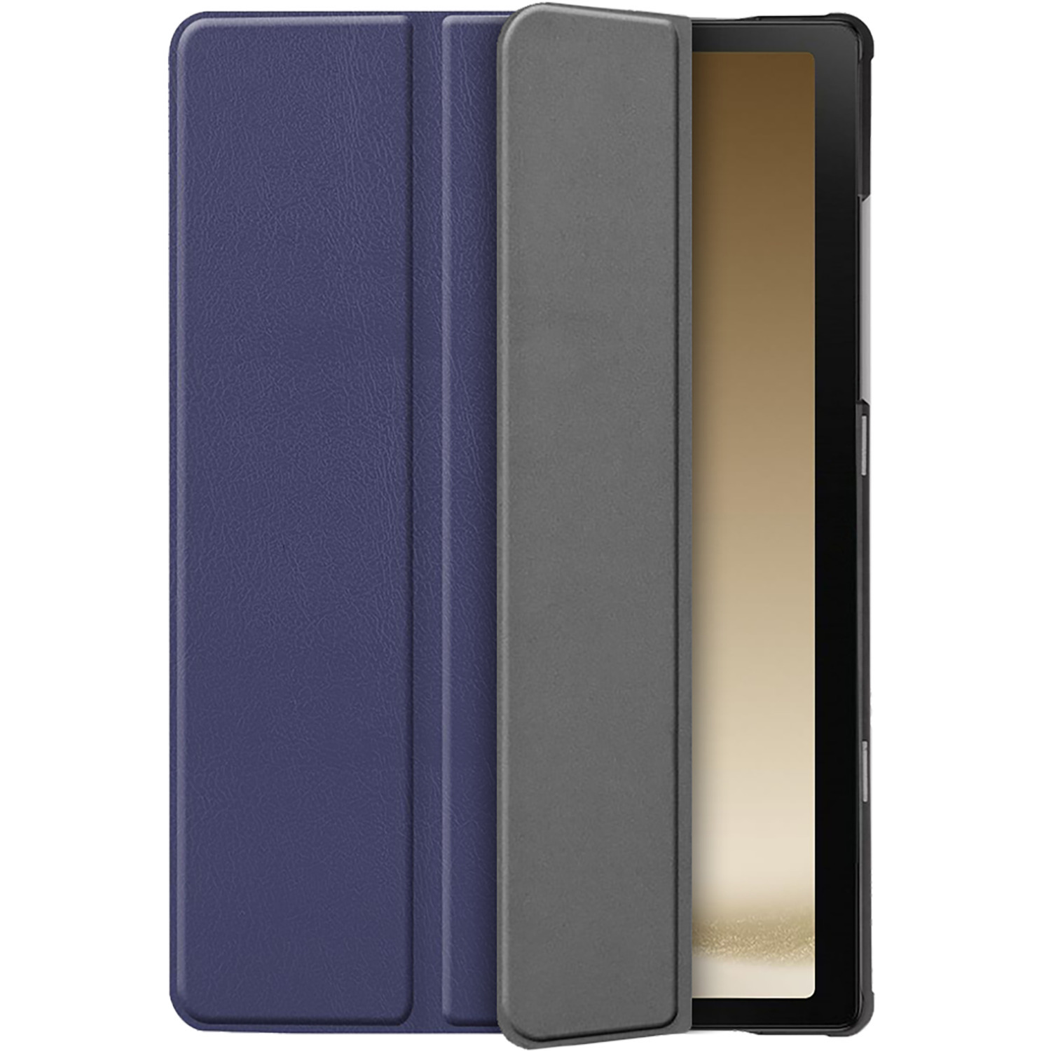 Une étui de tablette bleu et gris, ouvert pour révéler l'écran de la tablette, sur un fond marron clair.