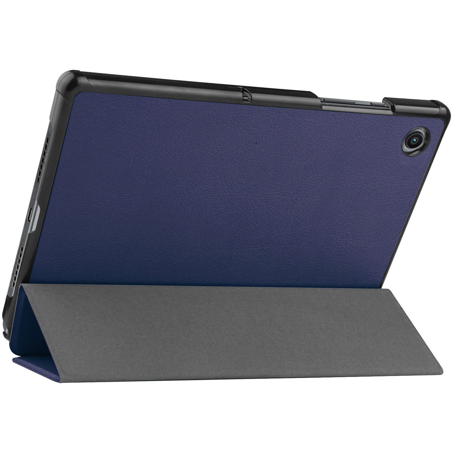 Étui de tablette bleu avec un support gris. L'écran est visible et l'étui est ouvert. Bord noir.