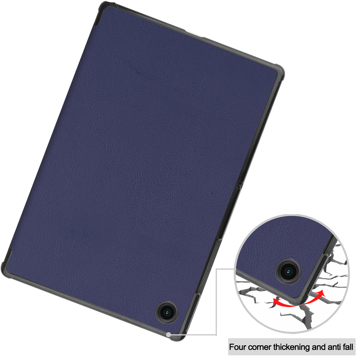 Étui de tablette bleu avec une couverture bleu foncé. Détail d'angle montre la protection.