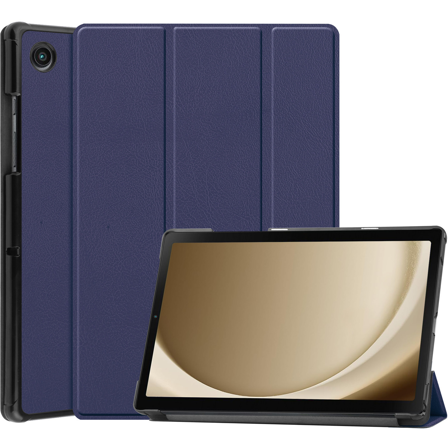 Une tablette avec une coque bleu foncé est affichée. L'écran est allumé. La coque a des plis.