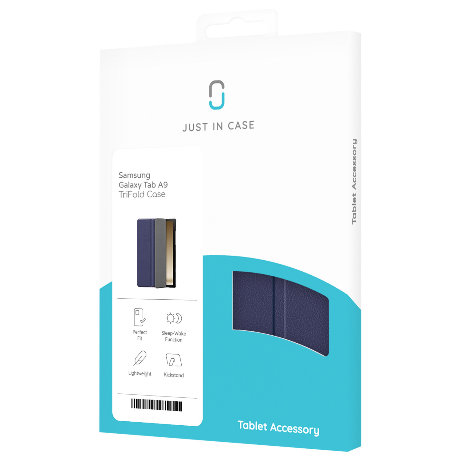 Boîte de coque de tablette avec le logo 'JUST IN CASE' et détails du produit sur le devant.