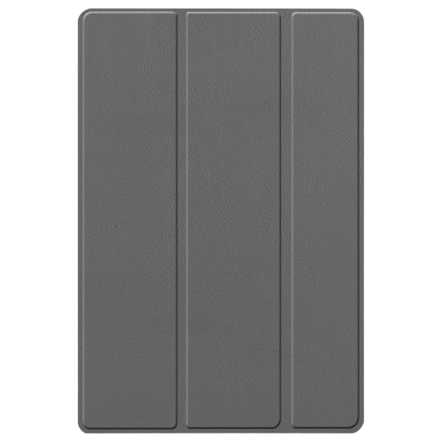 Étui de tablette gris, fermé. Trois panneaux visibles. Fond noir.