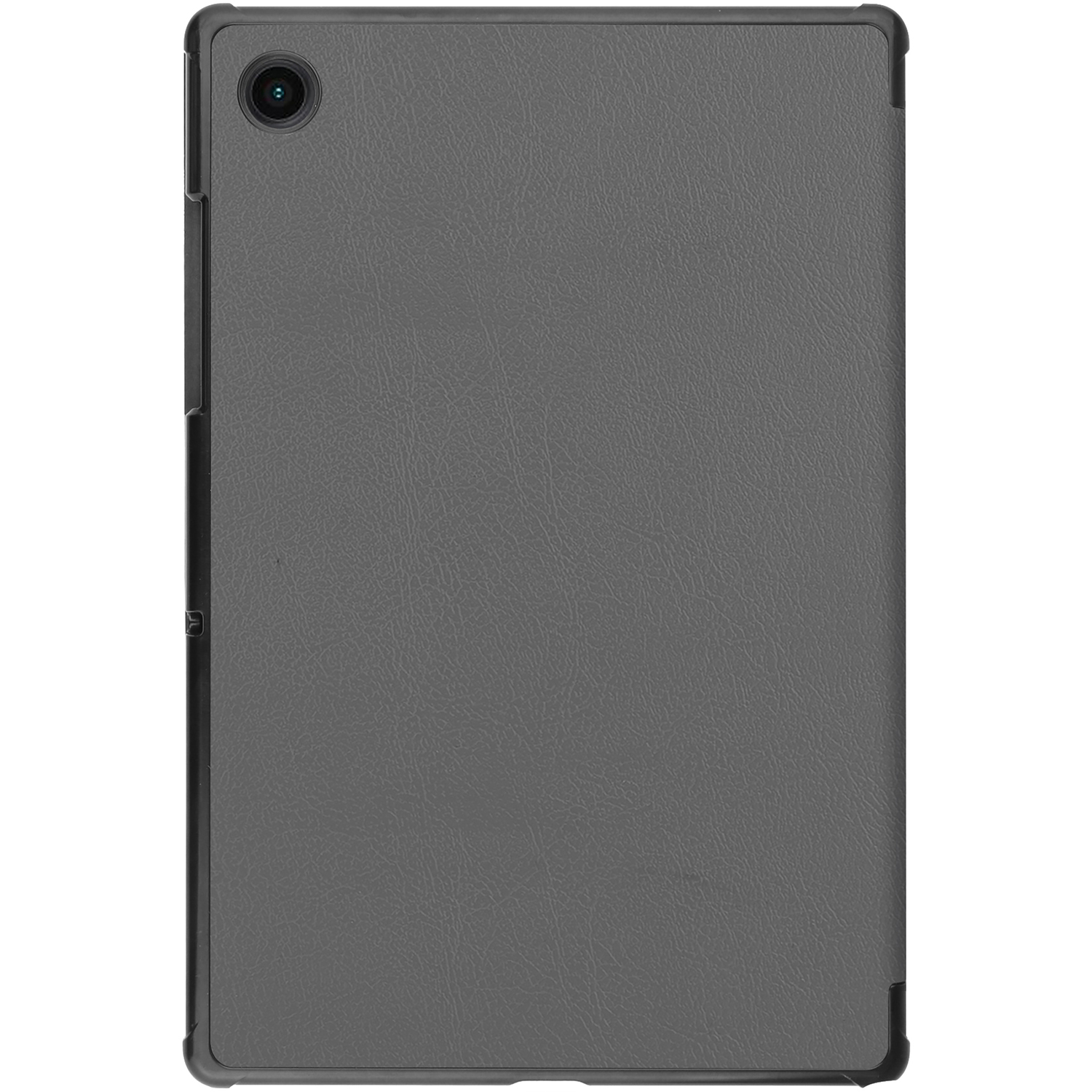 Tablette grise dans un étui. L'arrière possède une caméra. L'étui est simili cuir.