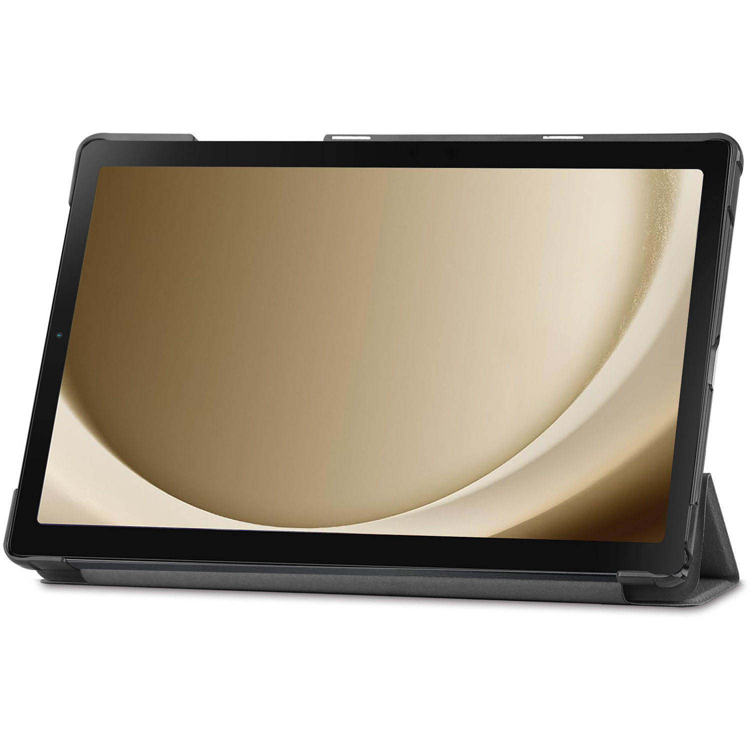 Une tablette noire avec étui et cadre noir. L'écran est doré.