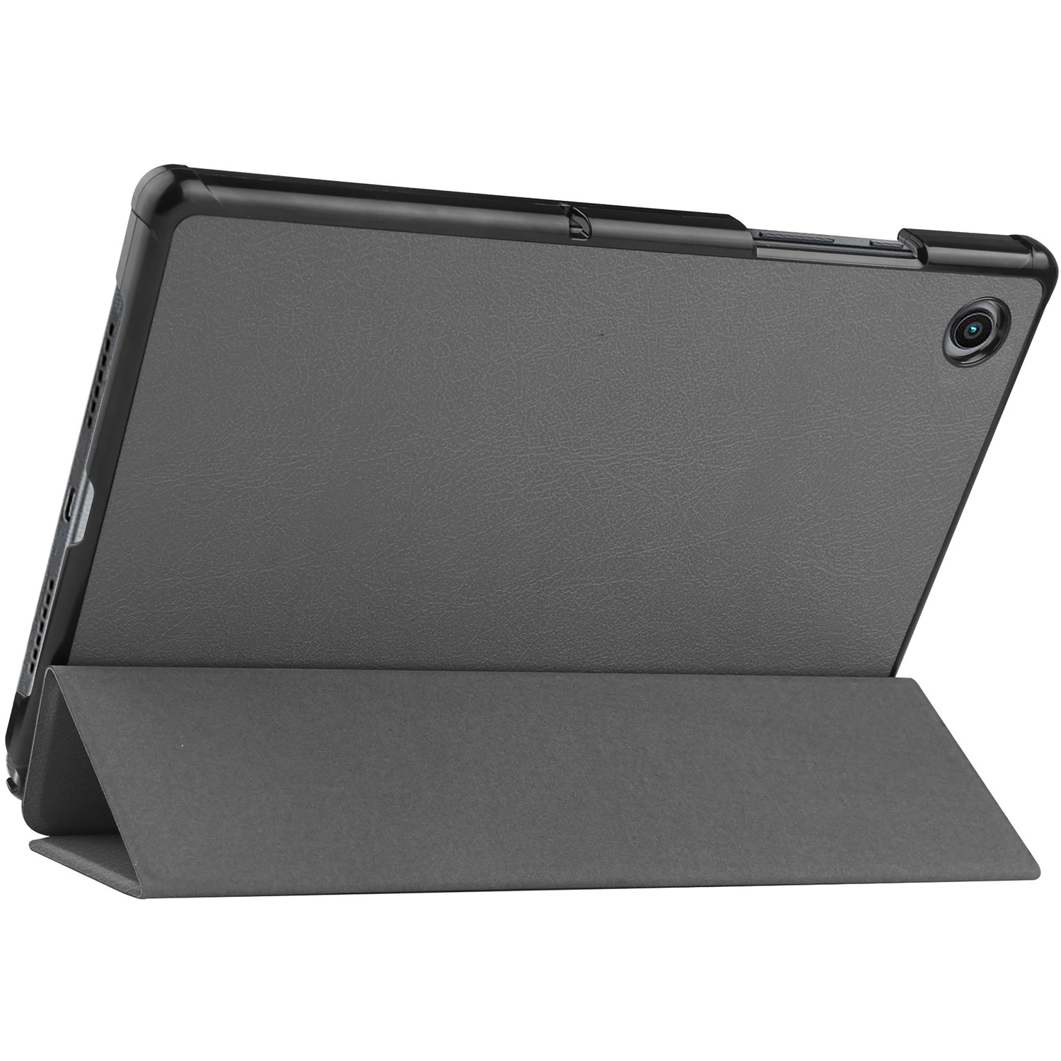 Une tablette dans un étui gris est soutenue. L'étui est fermé et la tablette est face avant.