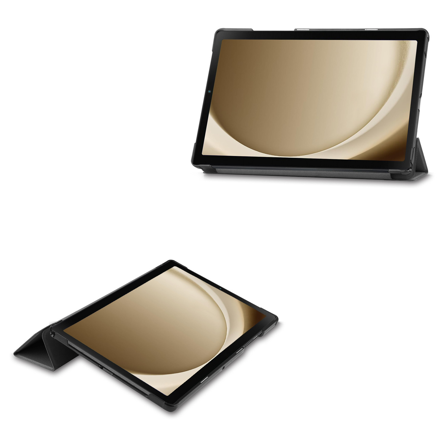 Deux étuis de tablette avec tablette à l'intérieur. Étuis noirs avec intérieur et écran dorés.