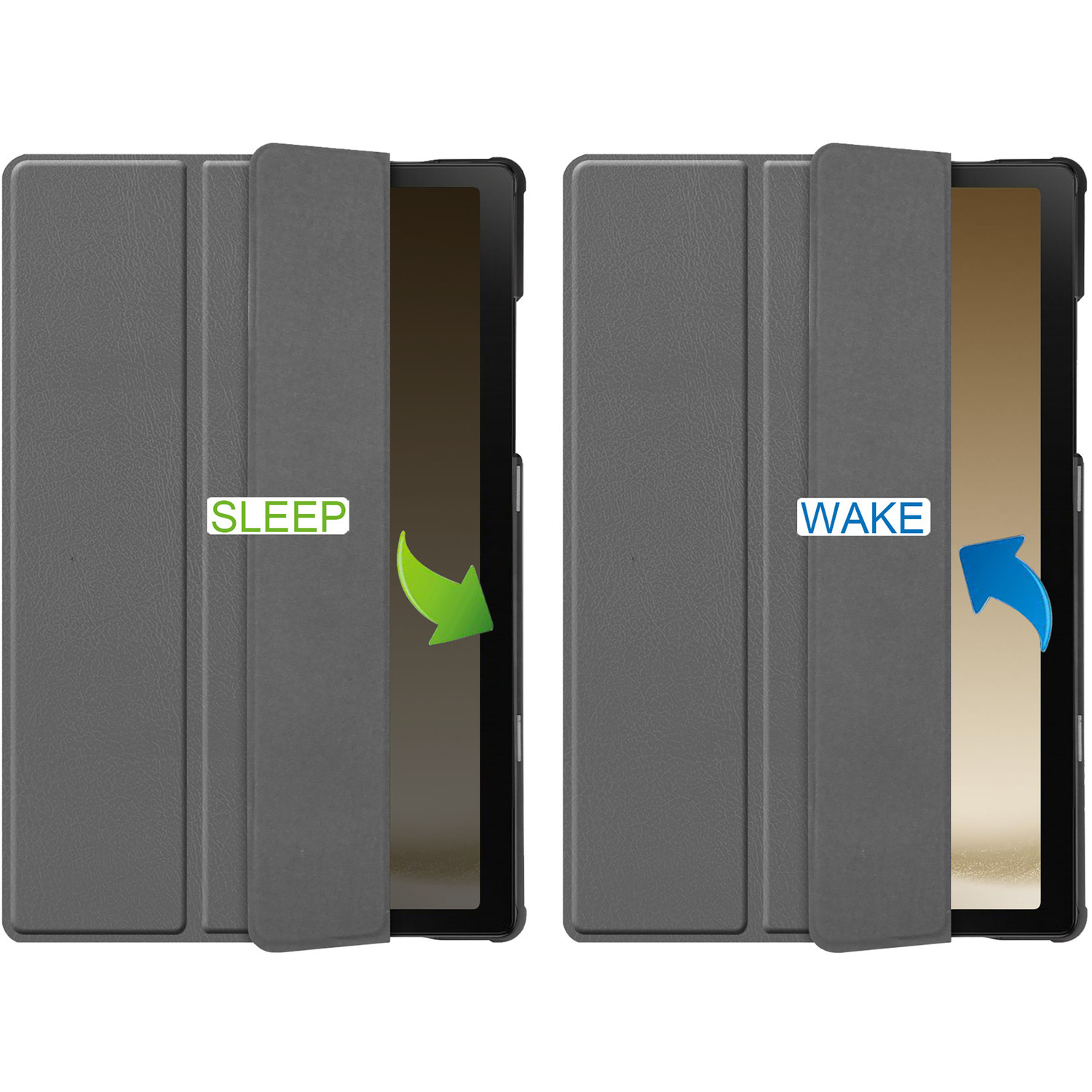 Un étui de tablette ouvert, montrant une tablette. Le côté gauche indique 'SLEEP', le côté droit 'WAKE'.