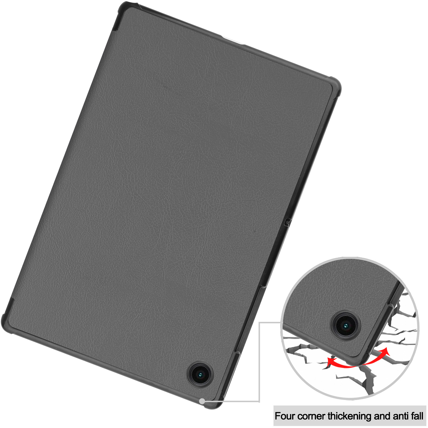 Une tablette grise avec un cadre noir, montrant un détail de coin avec une protection anti-chute.