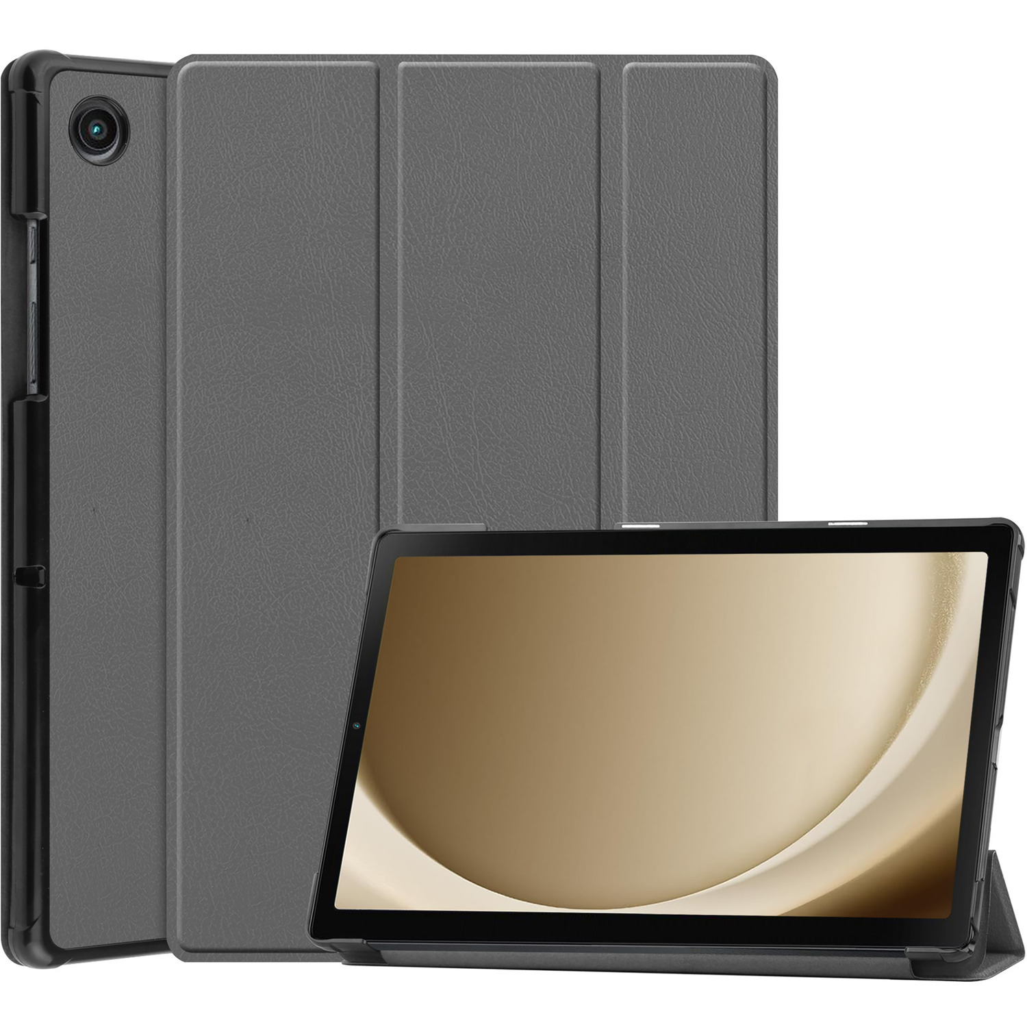 Tablette dans un étui gris, ouverte et fermée, sur fond blanc.