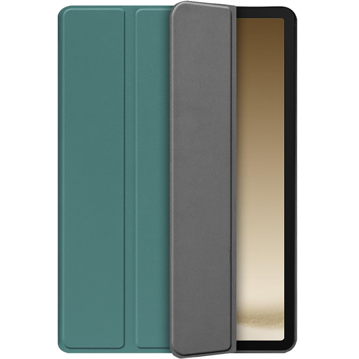 Een tabletcase open, met een tablet. De case is blauwgroen, grijs en de tablet is zichtbaar.