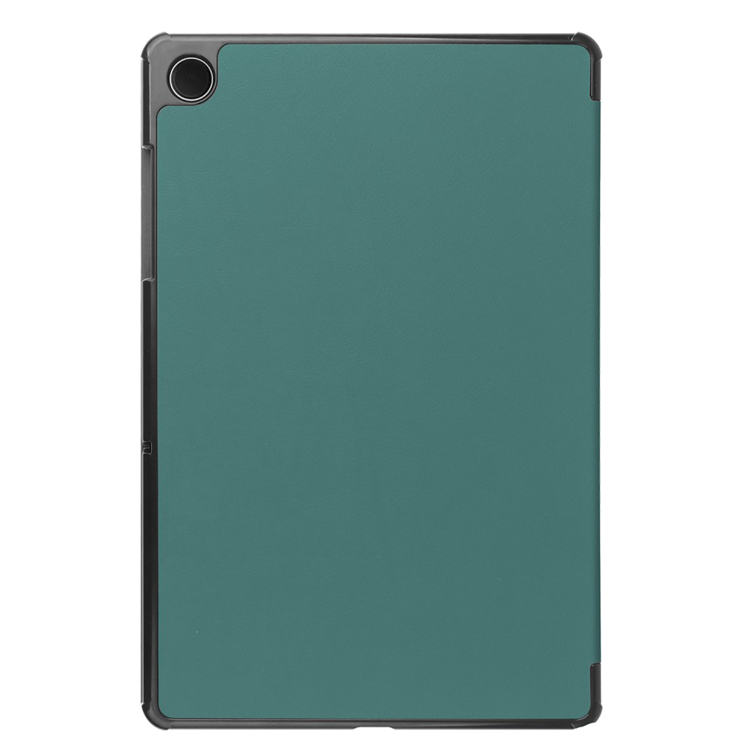 Teal tablet hoesje met zwart frame, cameraholte bovenaan. Groene achtergrond.