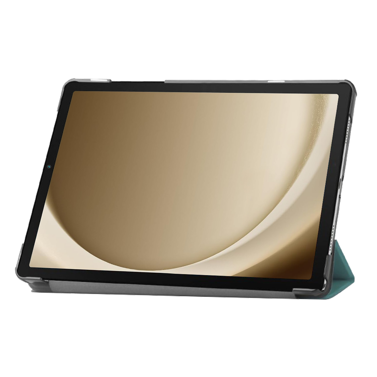 Tablet in hoes. Tablet heeft gouden scherm. Hoes is open, turquoise binnenkant. Donker frame rond het scherm.