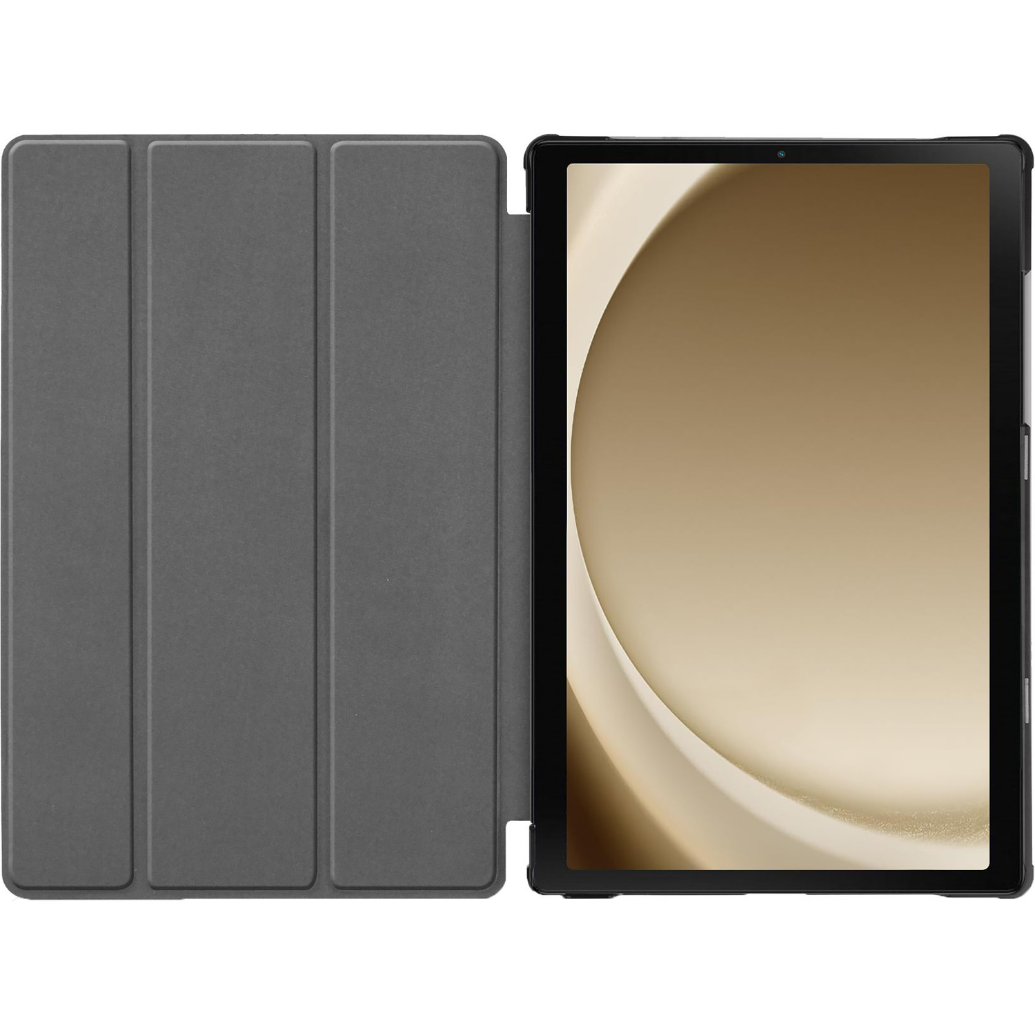 Tablet met hoes, open. Het scherm staat aan en toont een gradiëntpatroon.