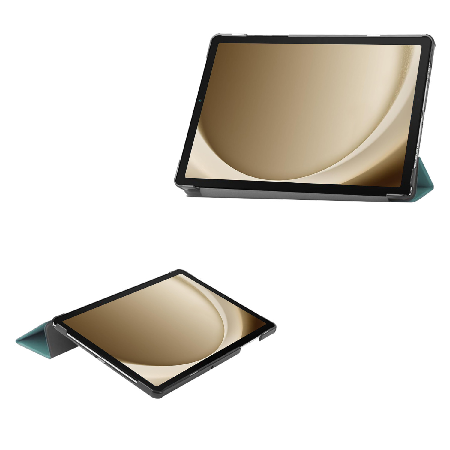 Tablet met een scherm met een gouden golfontwerp, in een teal case.