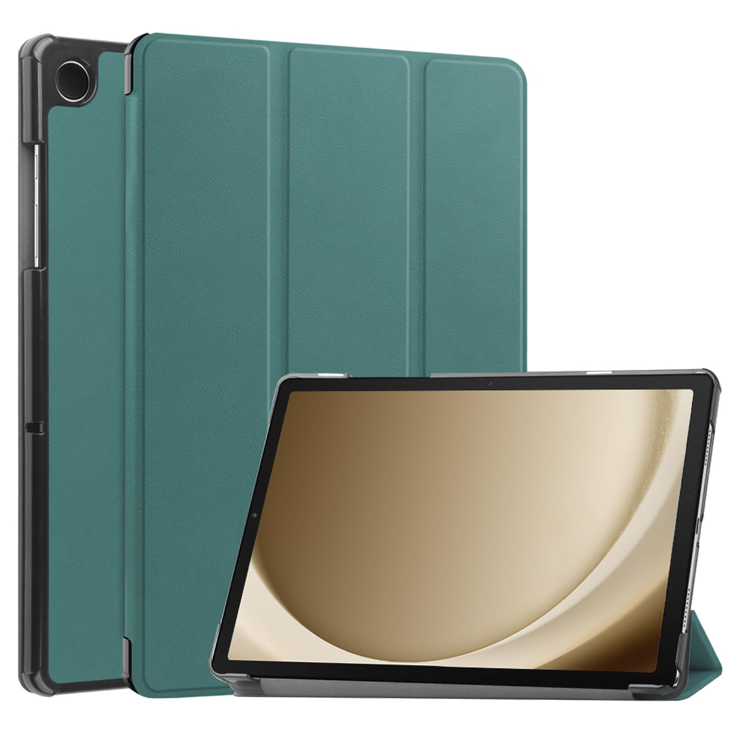 Grijze tablethoes, open. Tablet toont een gouden scherm, met een stylus. Hoes is grijs.