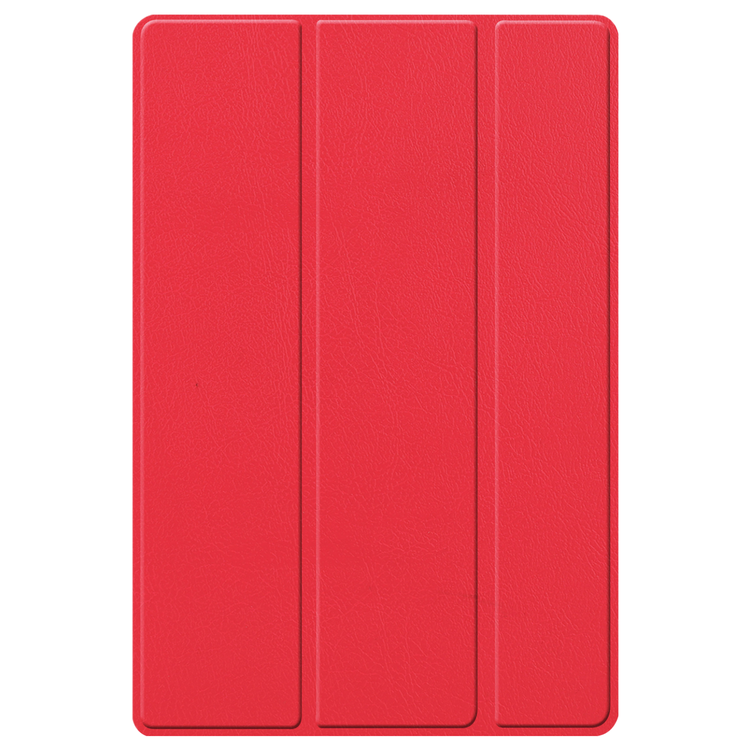 Étui de tablette rouge, fermé et plié. Lignes verticales visibles.
