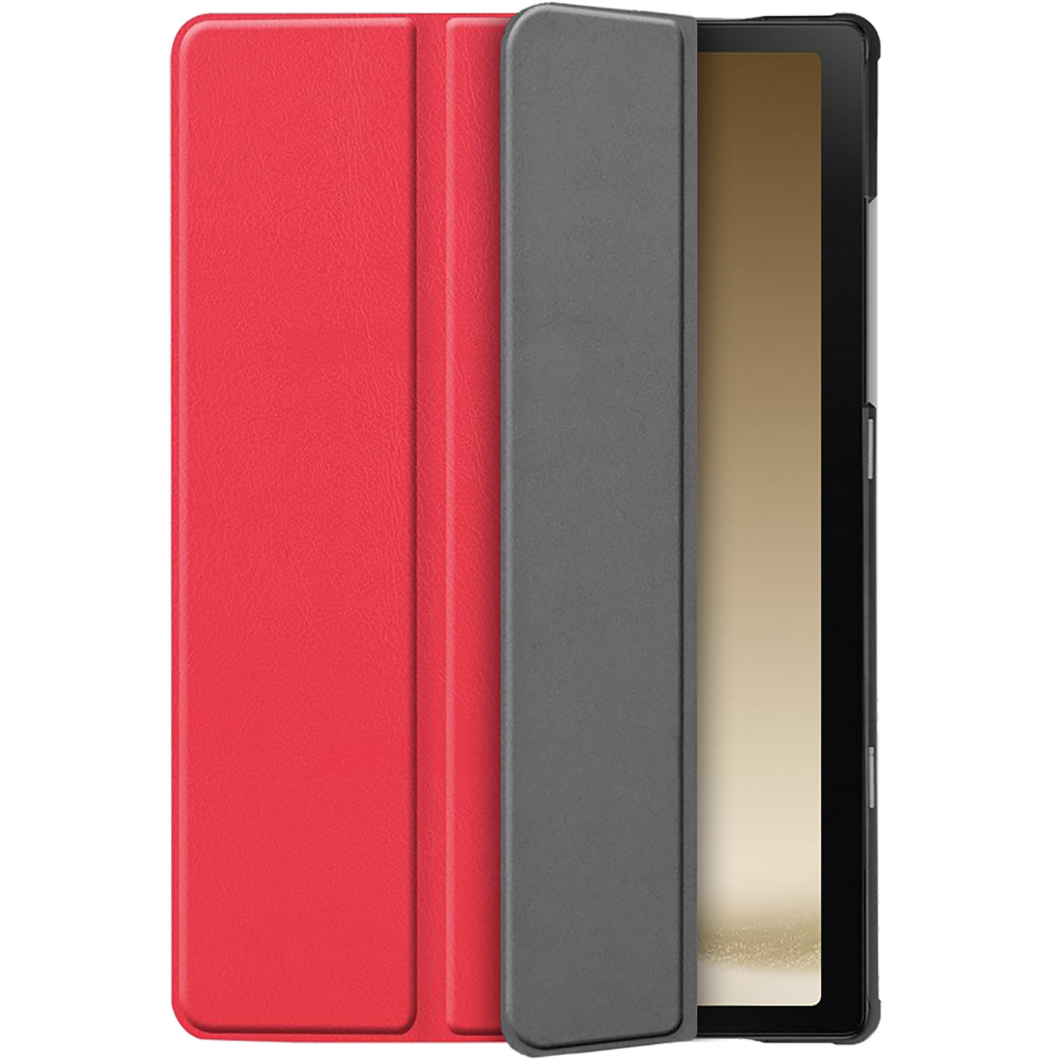 Un étui de tablette rouge ouvert. La tablette est à l'intérieur. Elle est noire avec un écran doré.