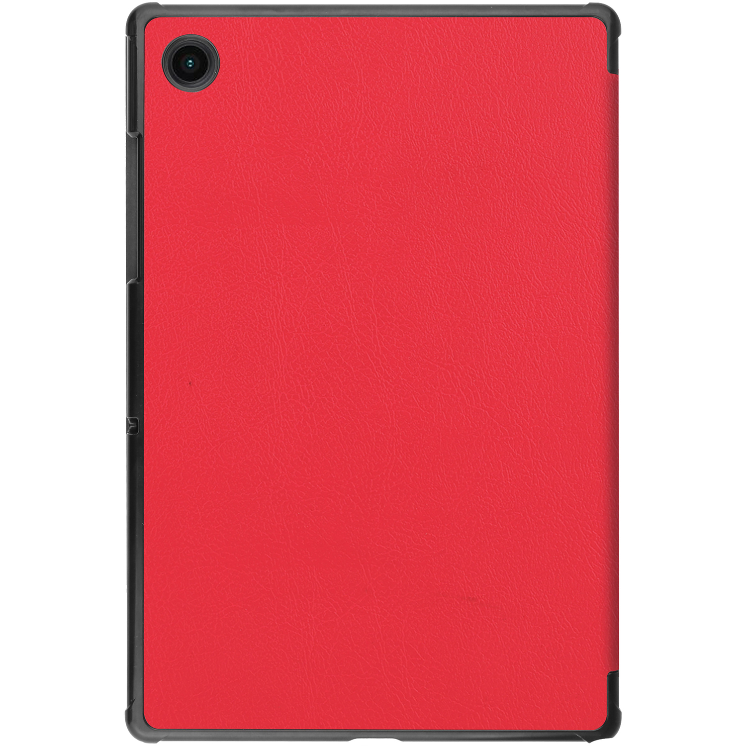 Tablette rouge avec bords noirs, dos vers le haut.