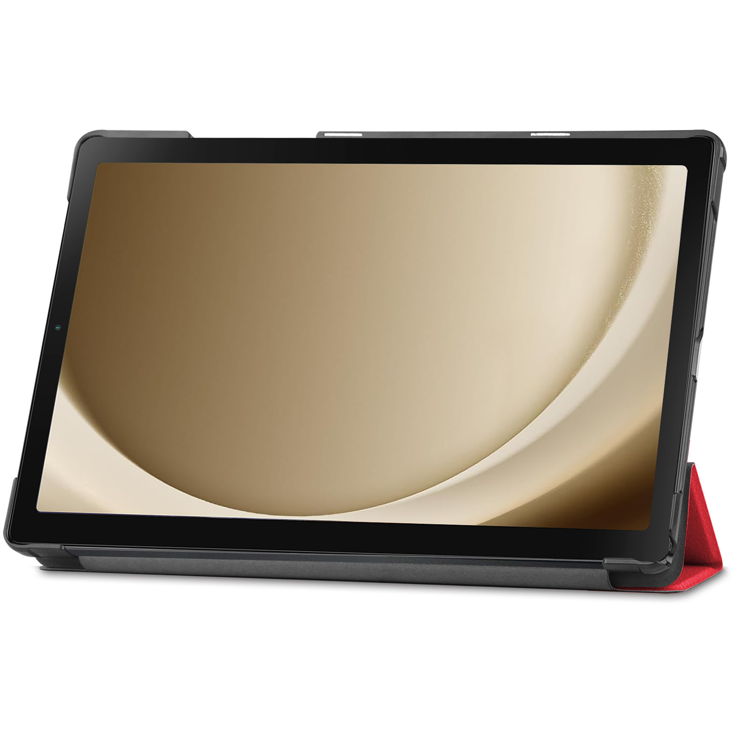 Une tablette dans un étui, avec une couverture rouge et un écran doré affichant un design.