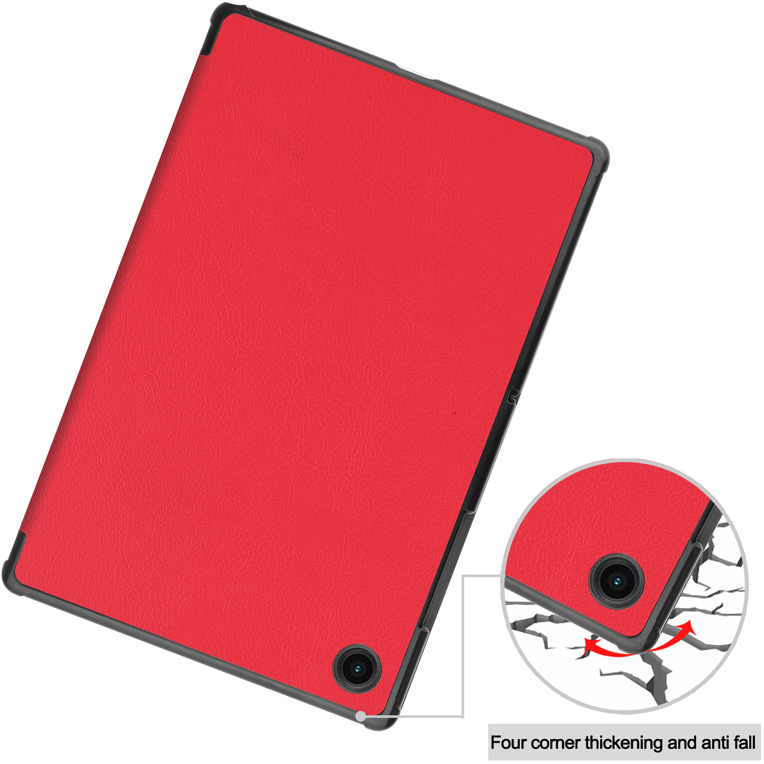Housse de tablette rouge avec un gros plan montrant la protection d'angle.