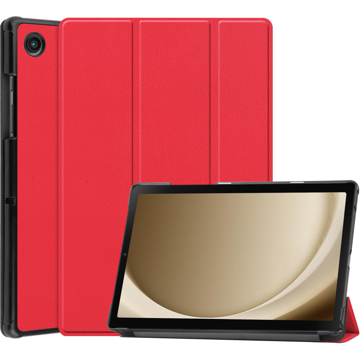 Tablette rouge dans un étui rouge.