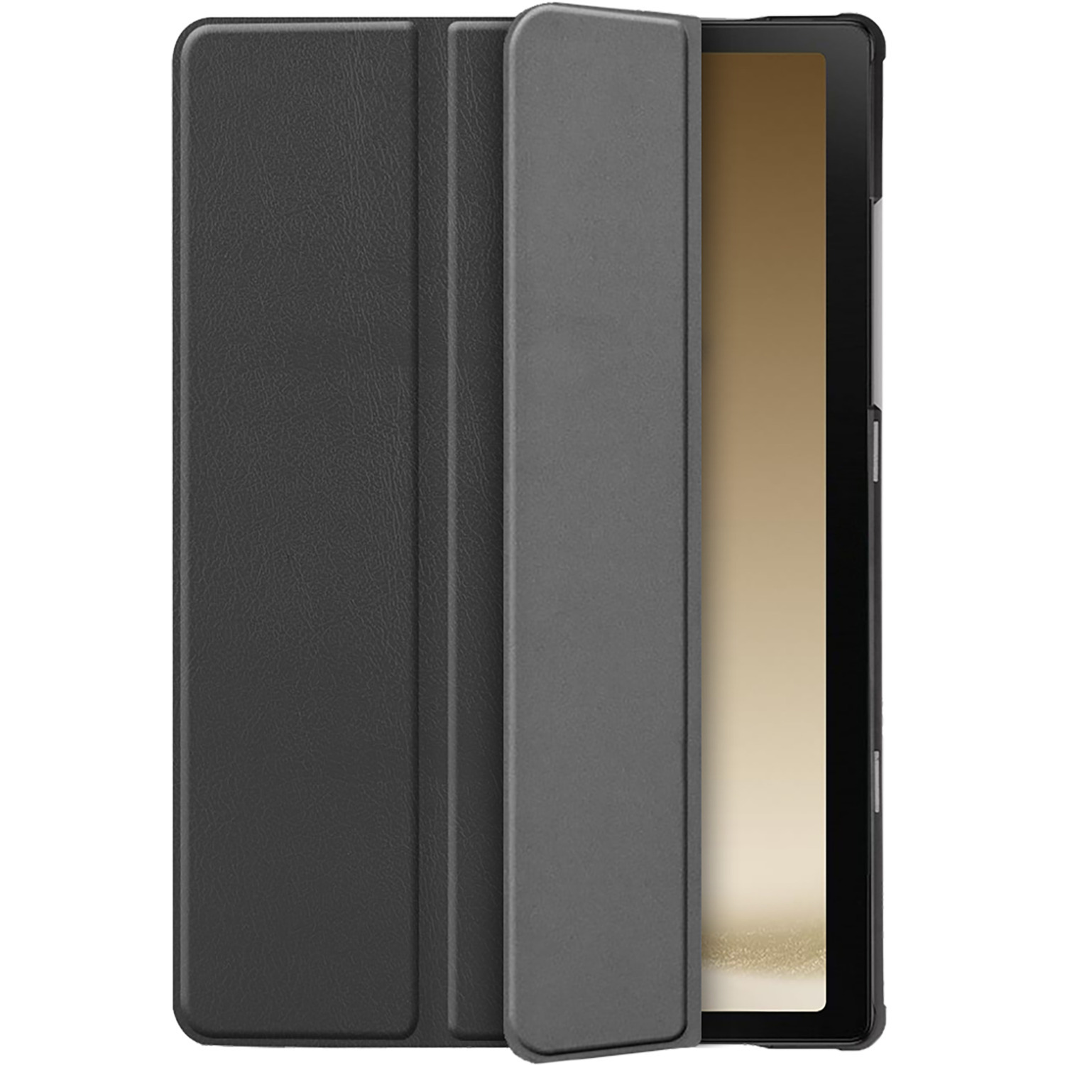 Étui de tablette noir, ouvert pour révéler l'écran de la tablette. L'étui est sur fond blanc.