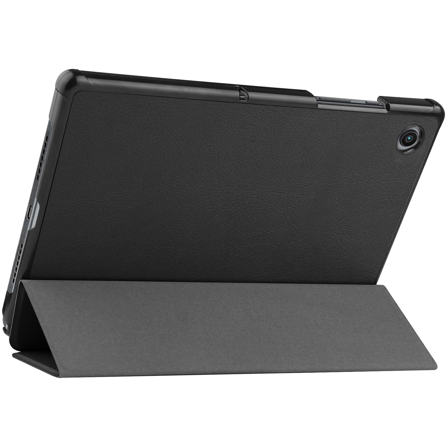 Une tablette noire avec un étui, affichée en angle, montrant l'arrière et une partie de l'écran.