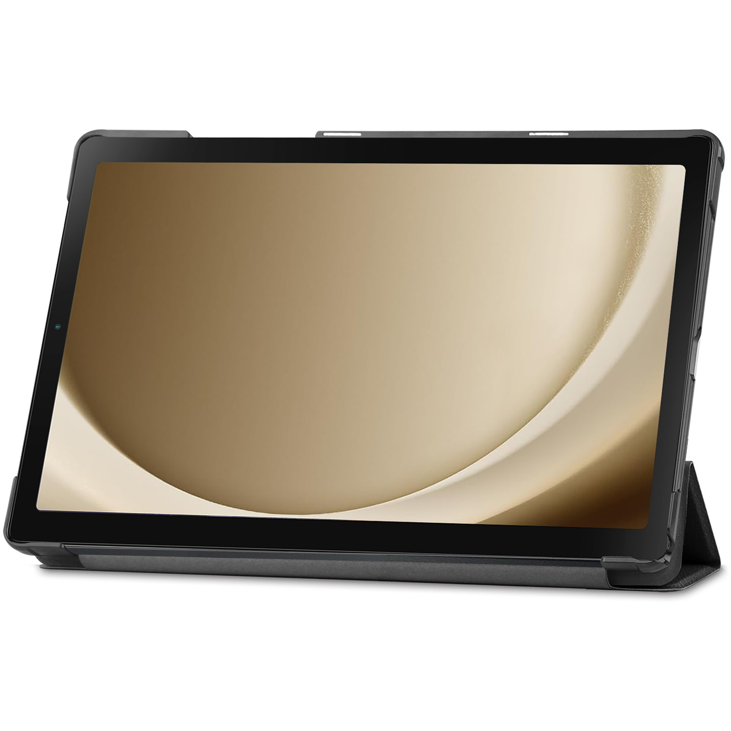 Une tablette avec un étui. La tablette est noire, l'étui est noir avec un fond doré sur l'écran.