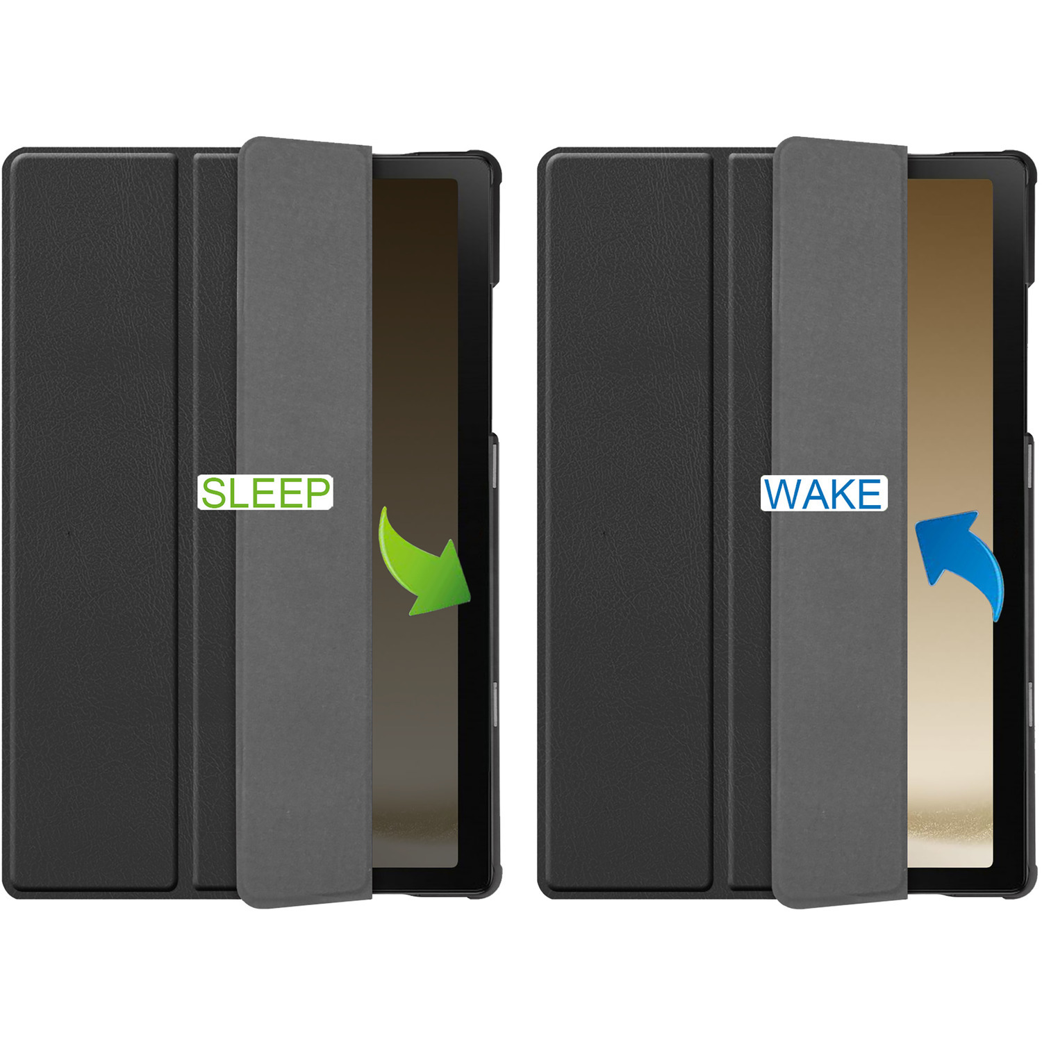 Étui de tablette noir ouvert avec flèche verte et 'SLEEP', flèche bleue et 'WAKE'.