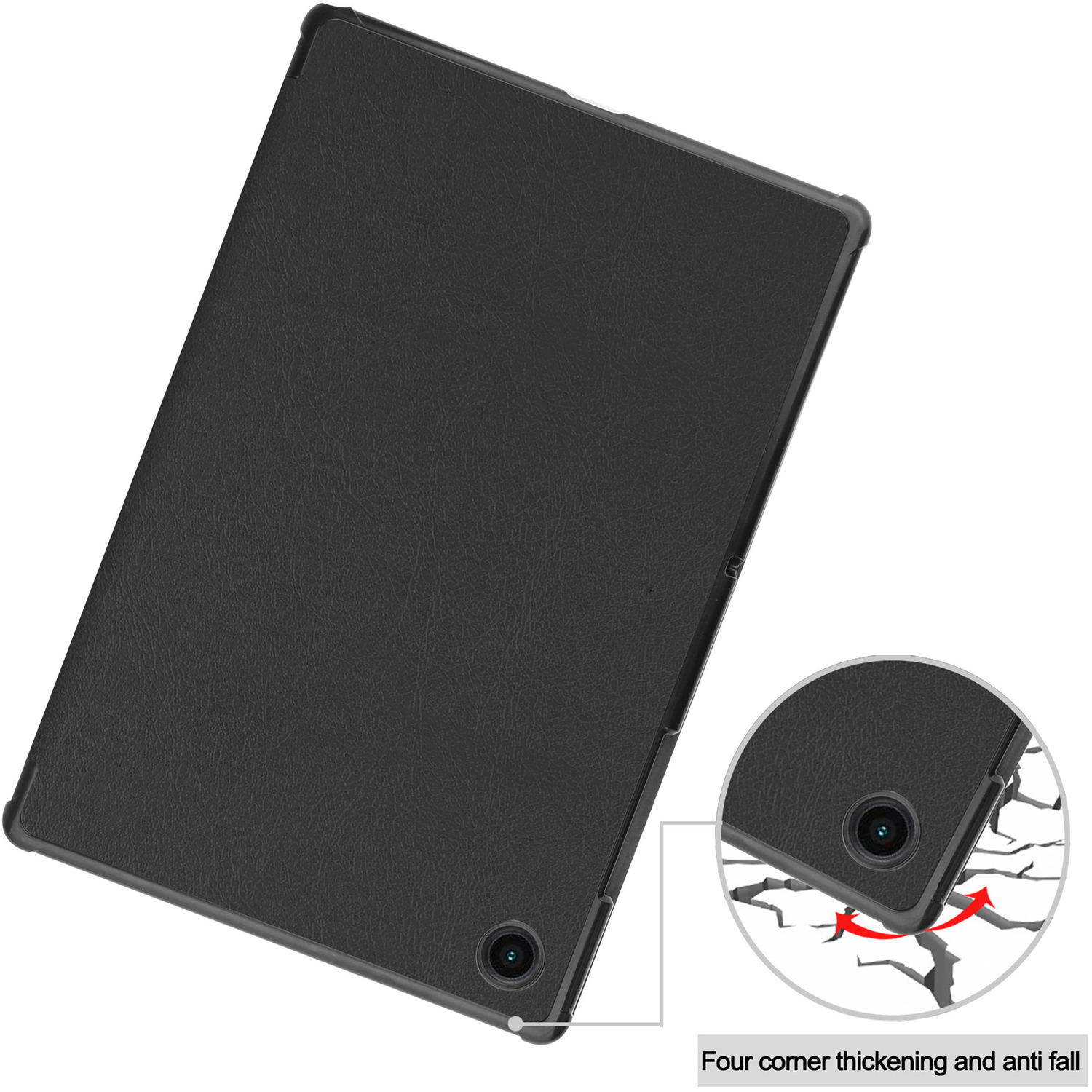 Tablette noire dans un étui. Un détail d'angle montre une protection anti-chute.