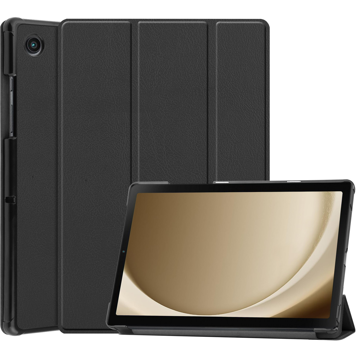 Tablette noire dans un étui noir, ouverte et fermée. L'écran est doré.