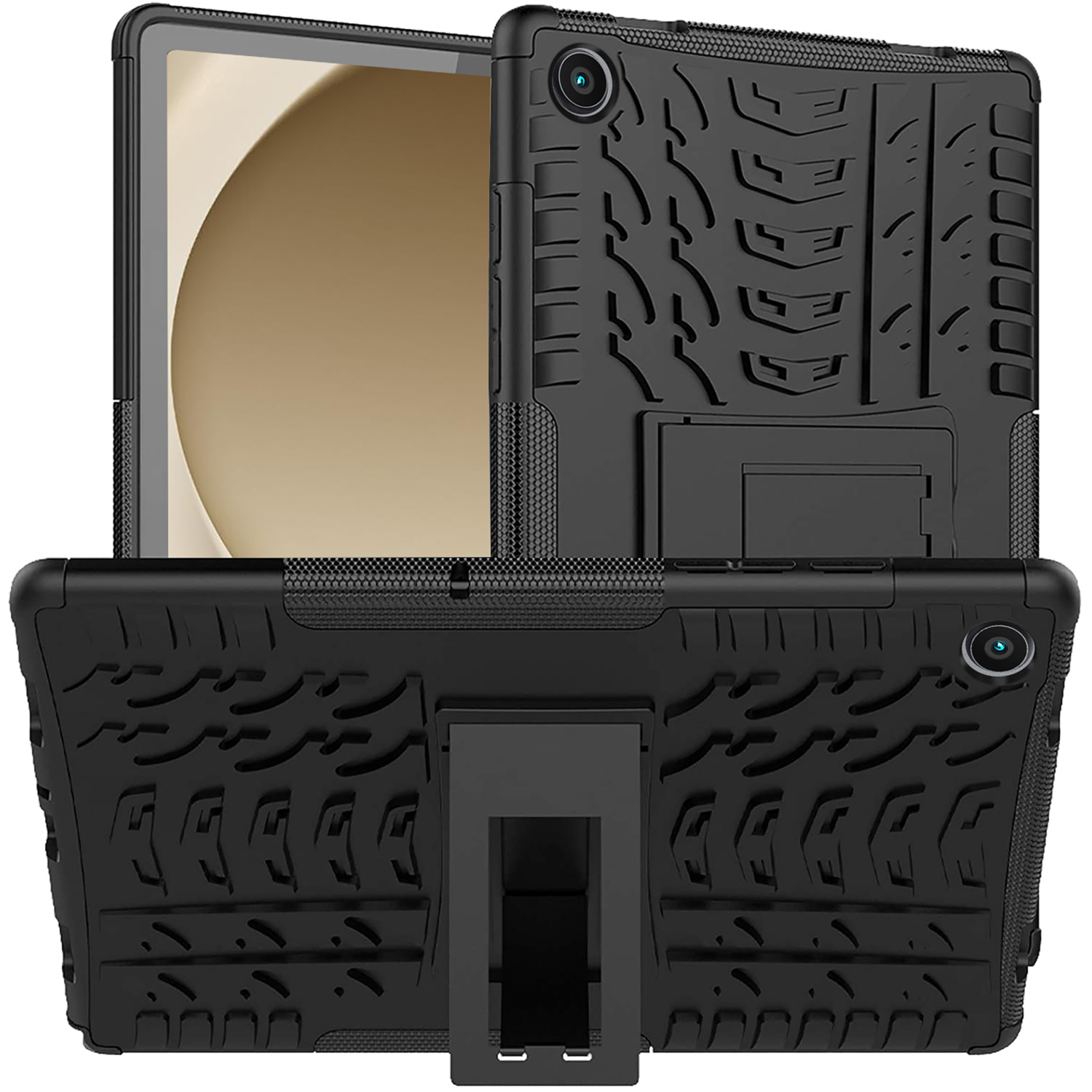 Tablette dans un étui de protection noir. L'étui a un support et une ouverture pour l'appareil photo.