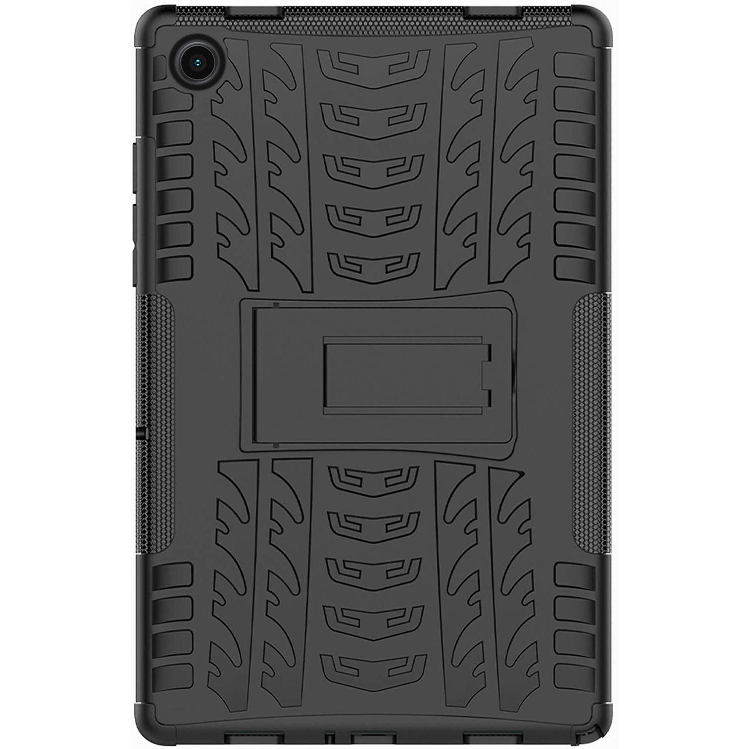 Une coque de tablette noire avec un design complexe et texturé et un support.