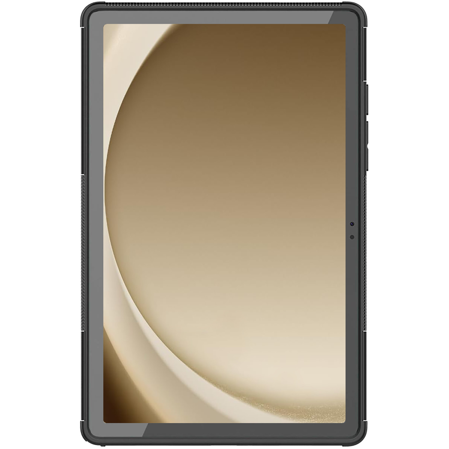 Tablette noire avec cadre et écran noirs, sur fond marron clair.