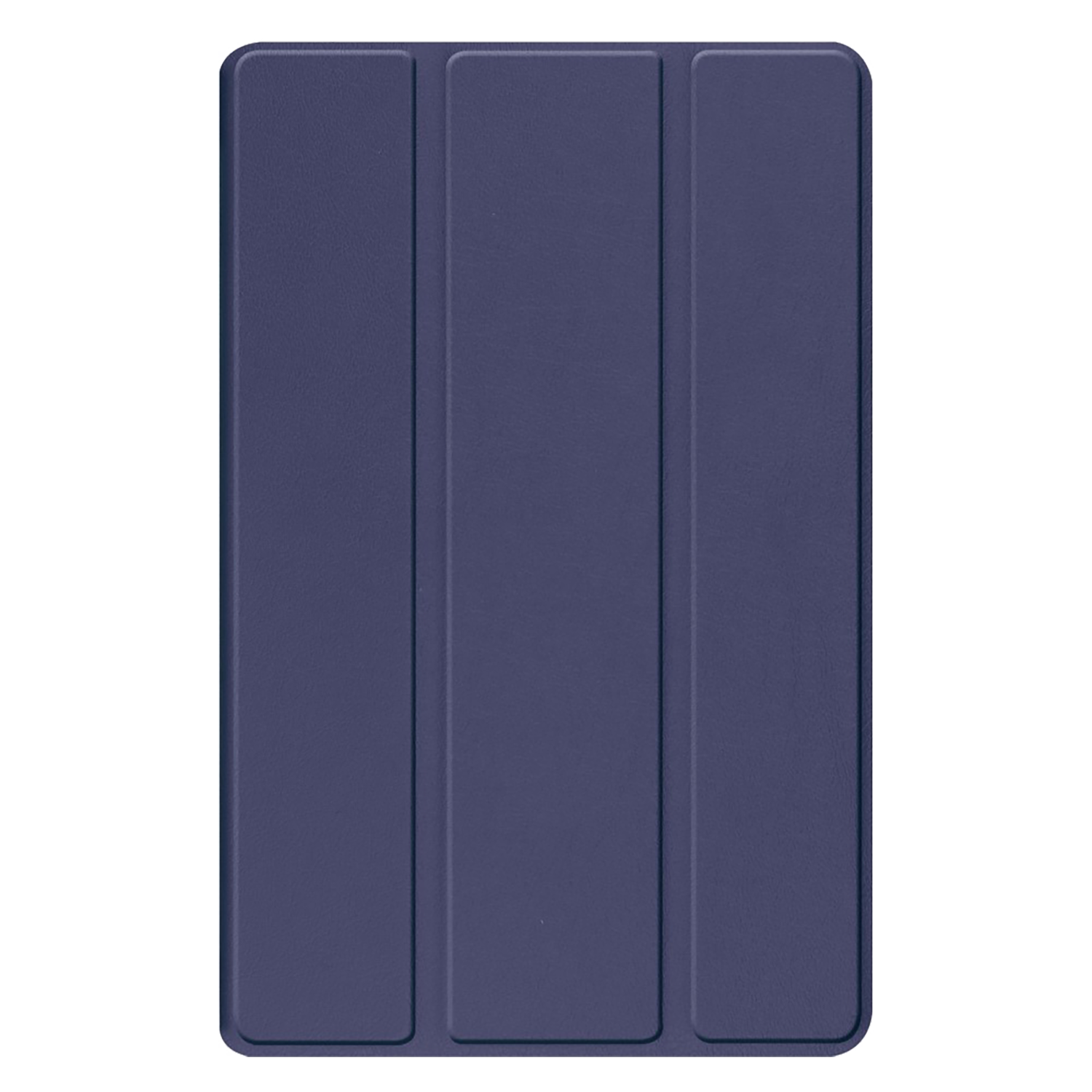 Un étui de tablette bleu foncé fermé avec trois sections verticales.