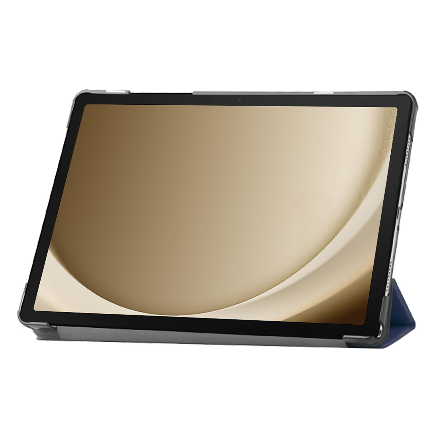 Tablette dans un étui noir avec écran doré. Un support bleu maintient l'appareil.