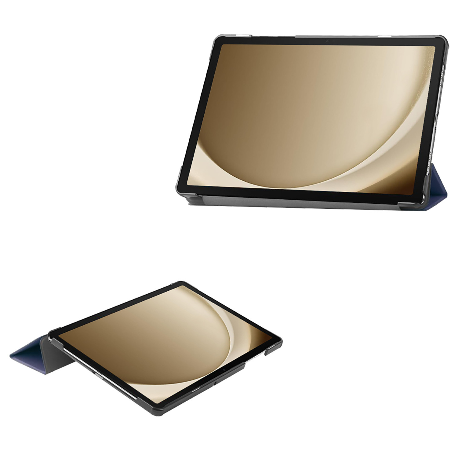 Deux vues d'une tablette avec un étui bleu, sur fond blanc.