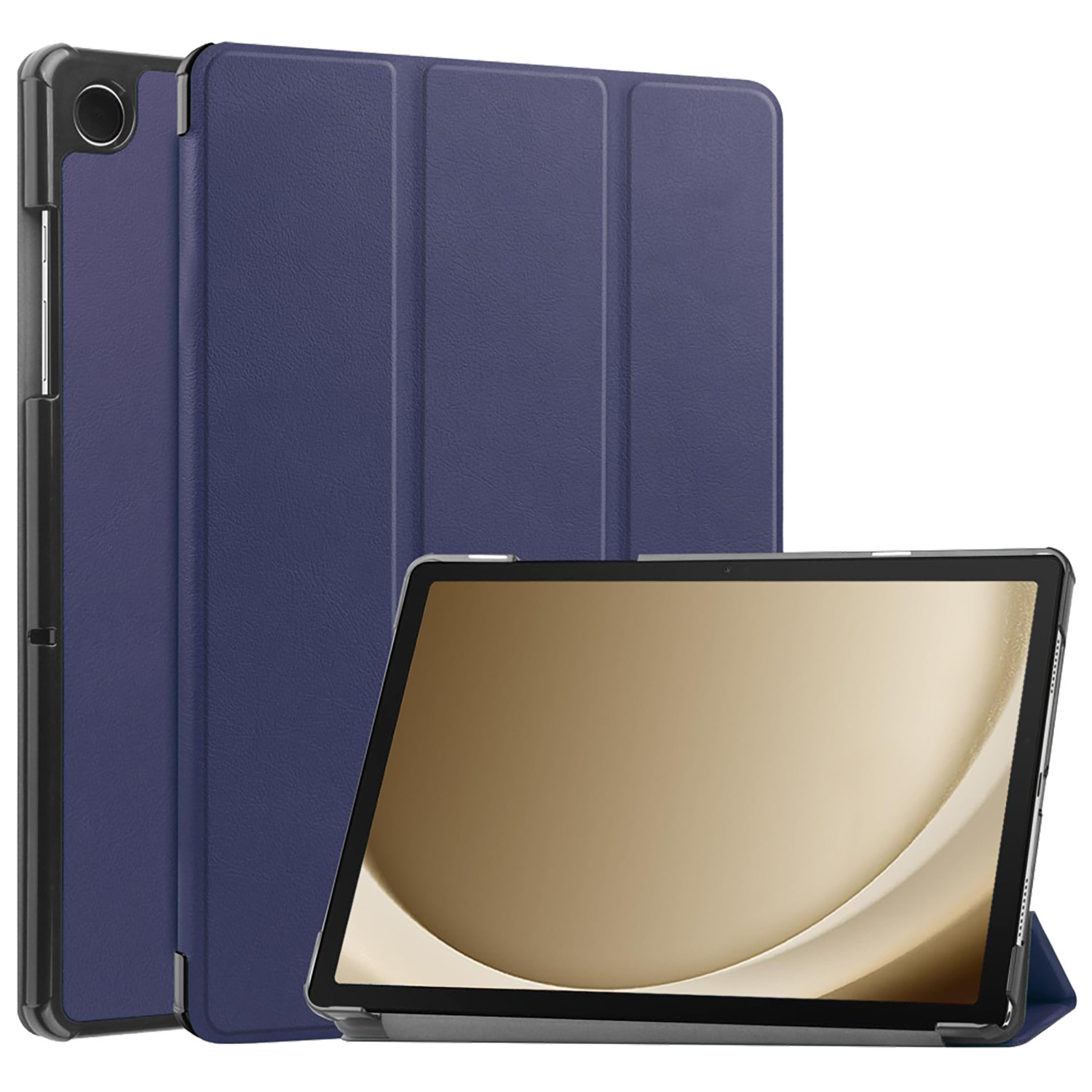 Un étui de tablette fermé en bleu. Un autre étui de tablette se tient derrière. Fond blanc.