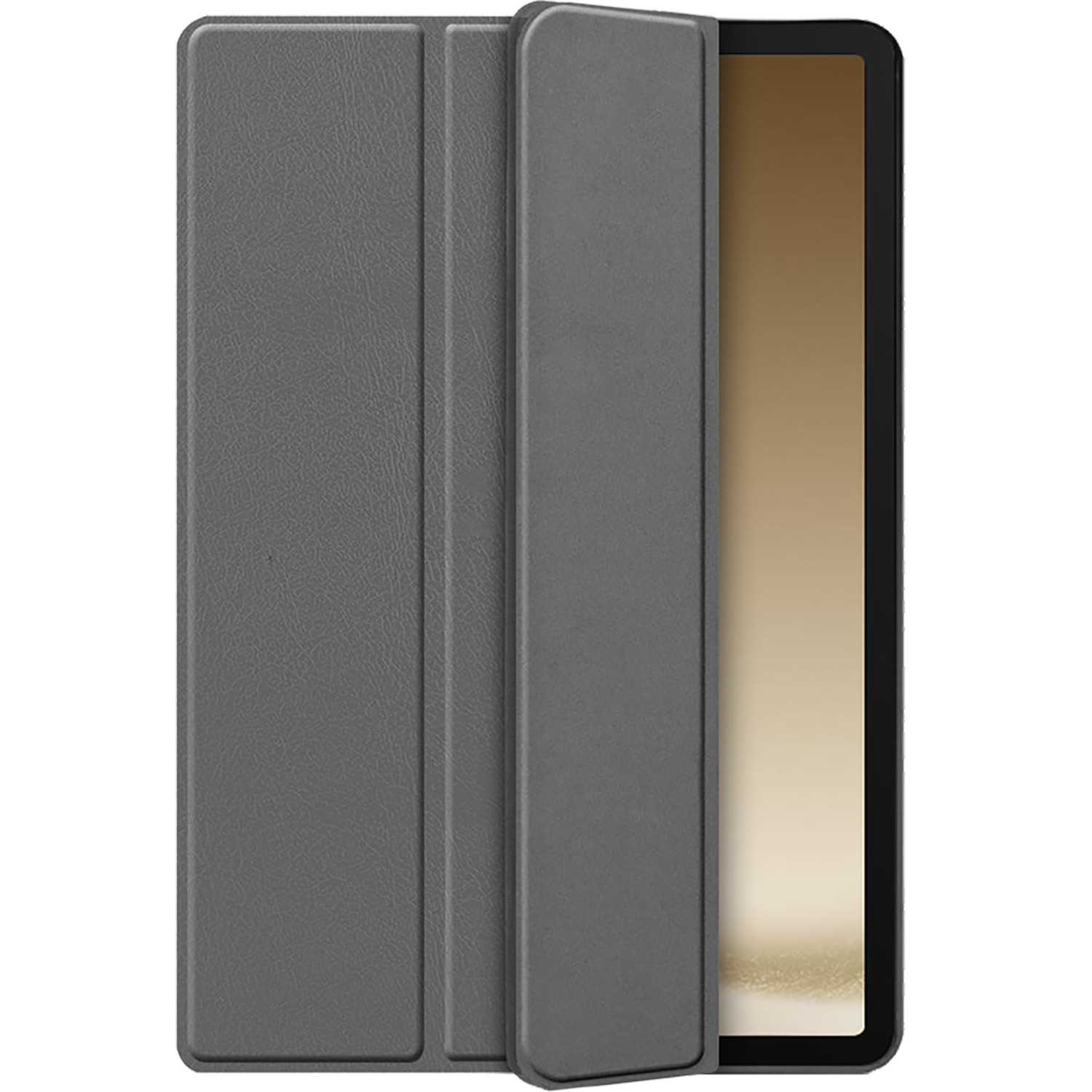 Étui de tablette gris, entrouvert, montrant l'écran de la tablette. Le couvercle est fermé.