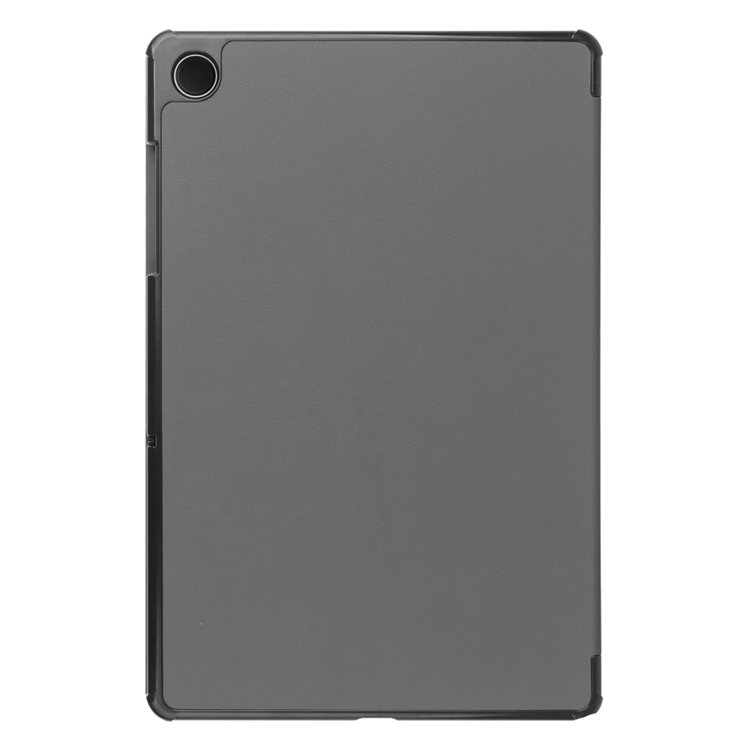 Un étui de tablette gris, fermé. L'étui a un bord noir et un trou pour la caméra.